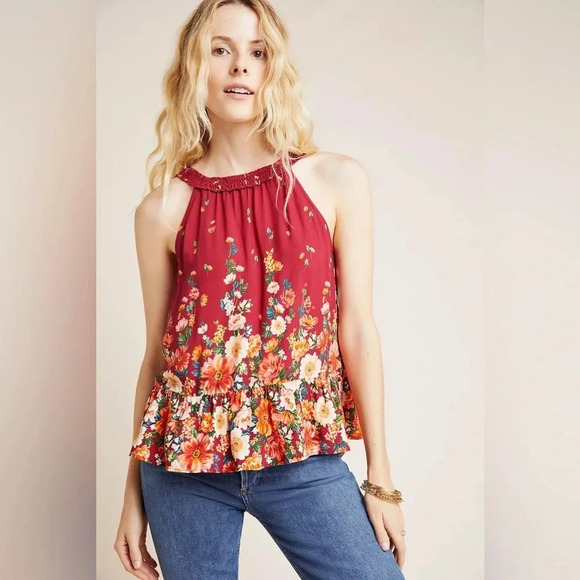 FARM Rio Tops - NWT new Anthropologie Farm Rio claudette halter top SMALL red floral flounced